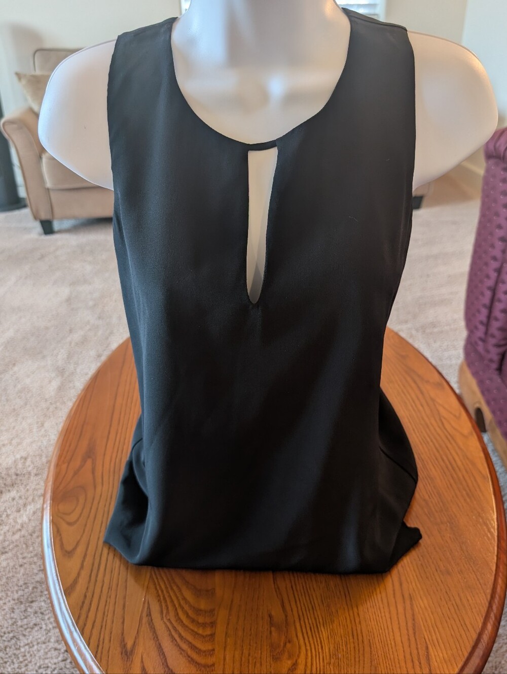 Black Silk Lined Sleeveless Keyhole Blouse, Size S